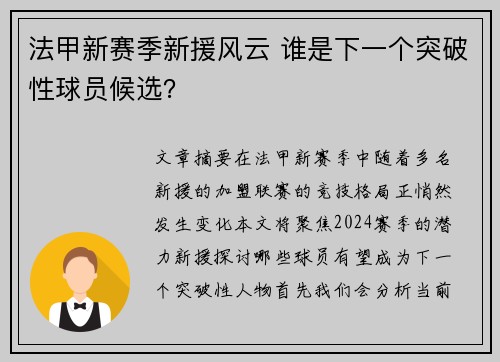 法甲新赛季新援风云 谁是下一个突破性球员候选？